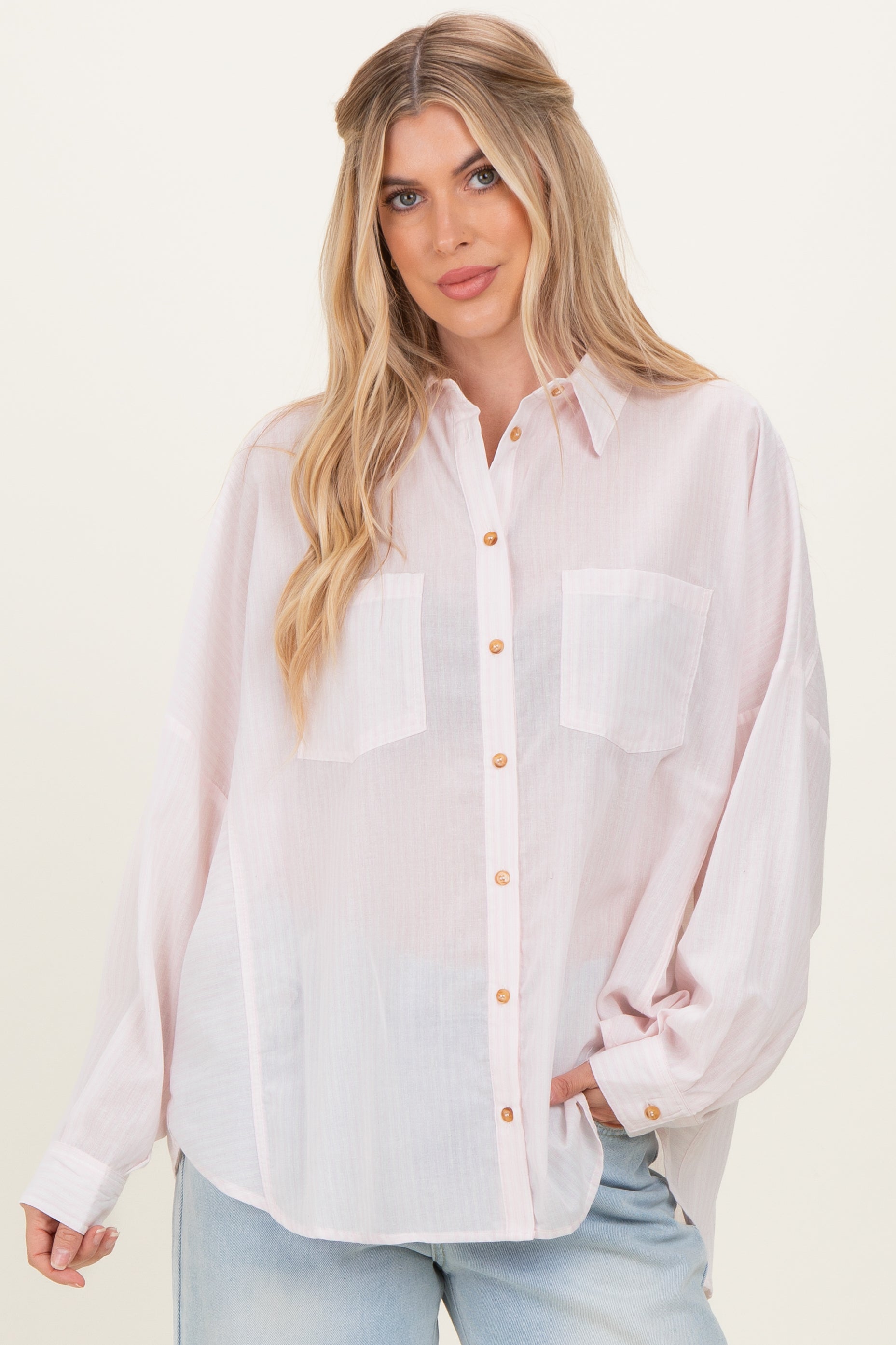 Pink Oversized Striped Button-Up Shirt