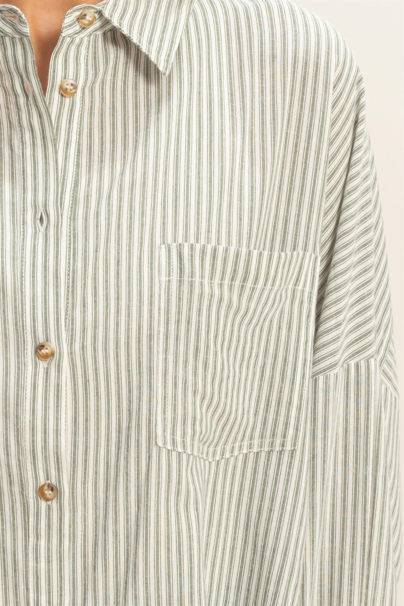 Olive Oversized Striped Button-Up Shirt