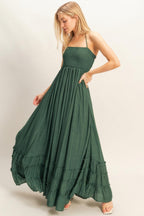 Hunter Green Smocked Halter Open Back Maxi Dress