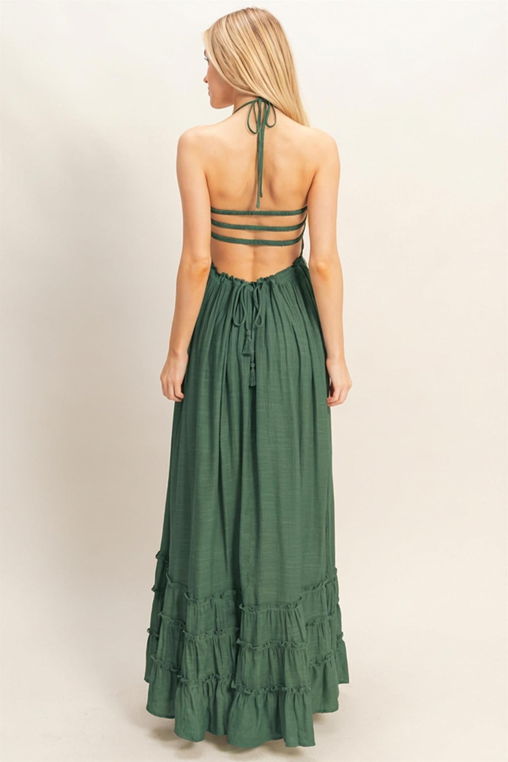 Hunter Green Smocked Halter Open Back Maxi Dress