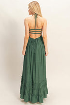 Hunter Green Smocked Halter Open Back Maxi Dress