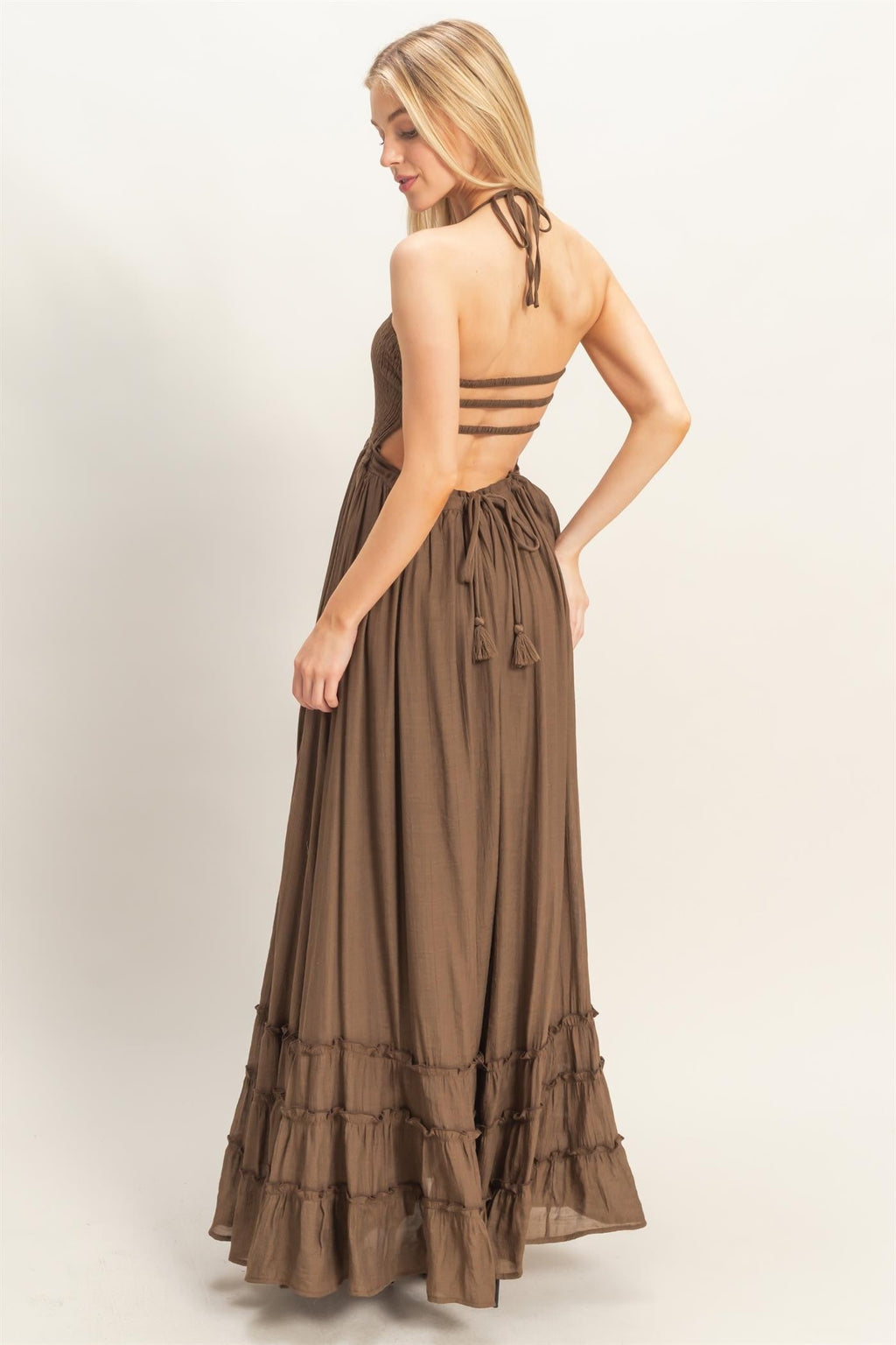 Chocolate Smocked Halter Open Back Maxi Dress