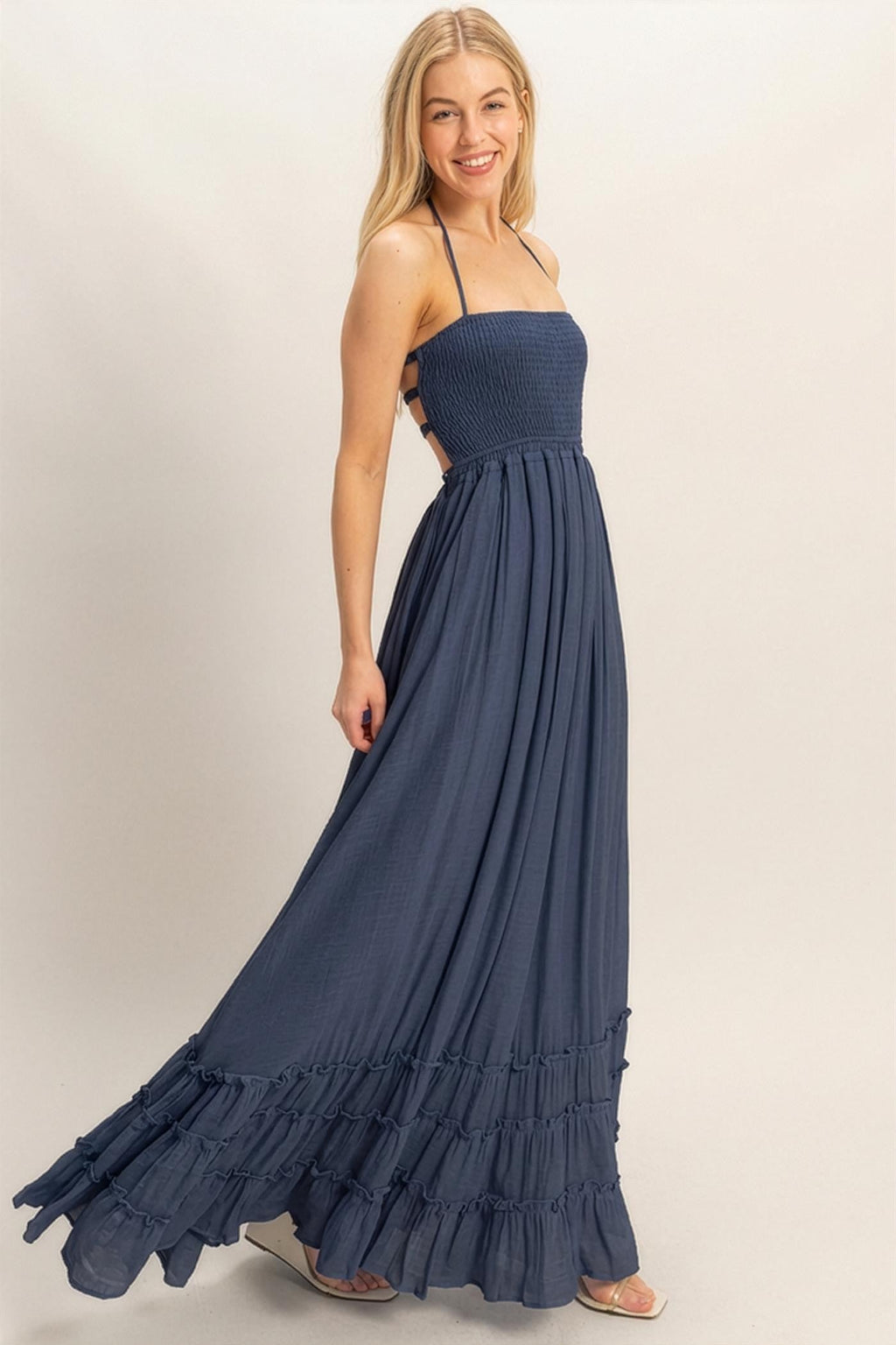 Navy Smocked Halter Open Back Maxi Dress
