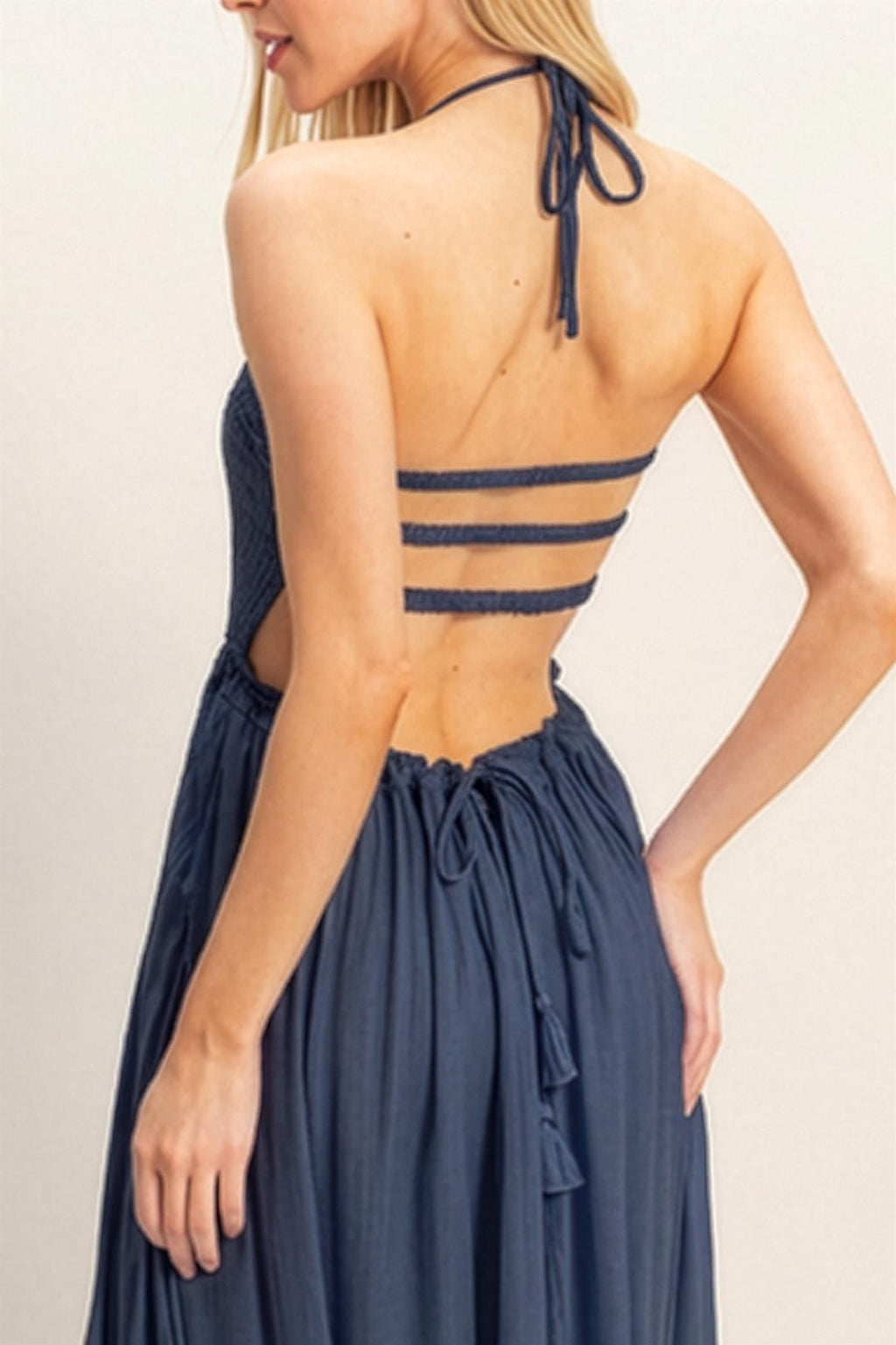 Navy Smocked Halter Open Back Maxi Dress