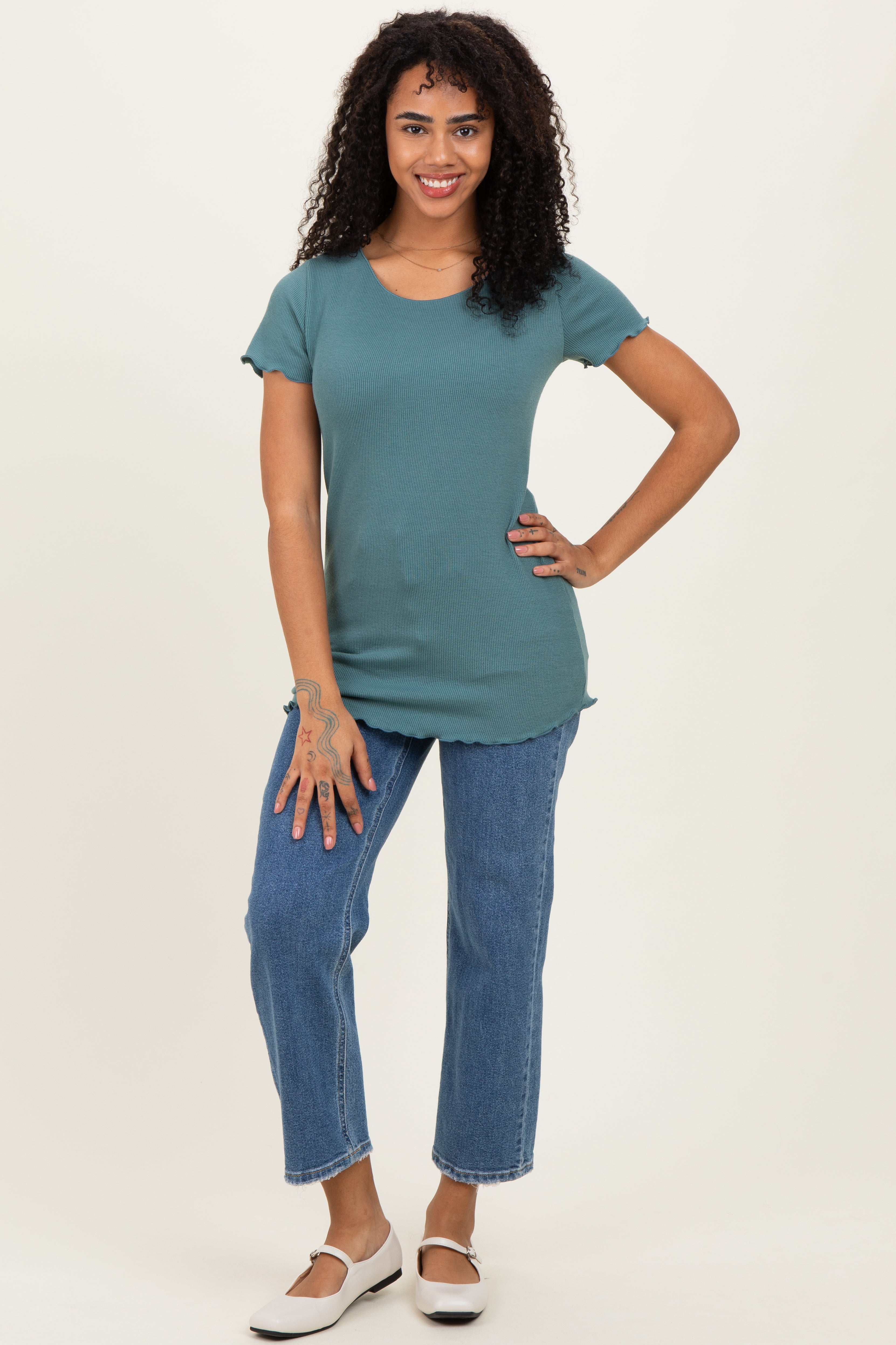 Teal Ruffle Edge Short Sleeve Top