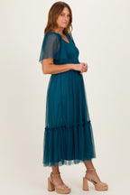 Teal Dotted Tulle Smocked Midi Dress