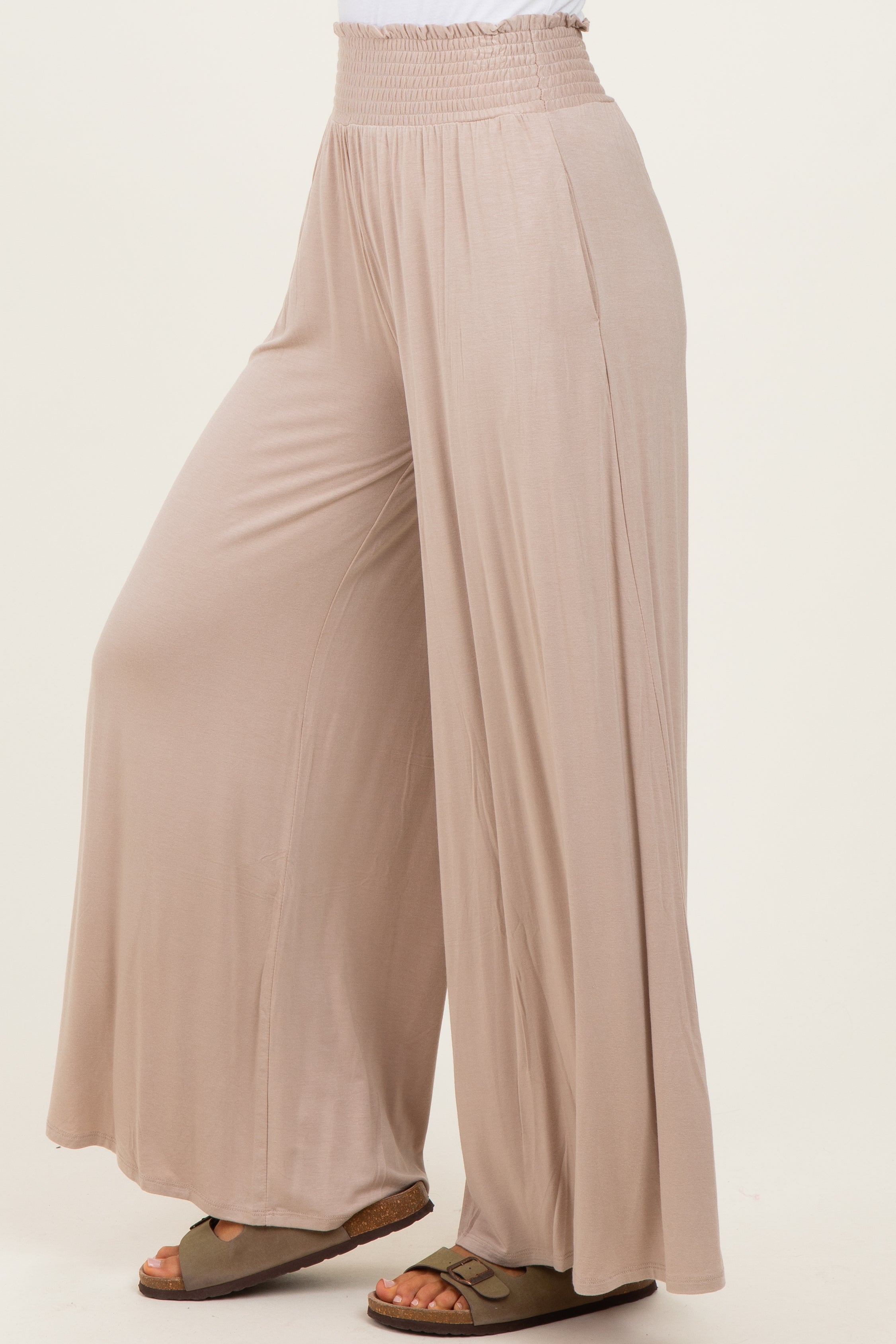 Ash Mocha Smocked Waist Wide Leg Pants