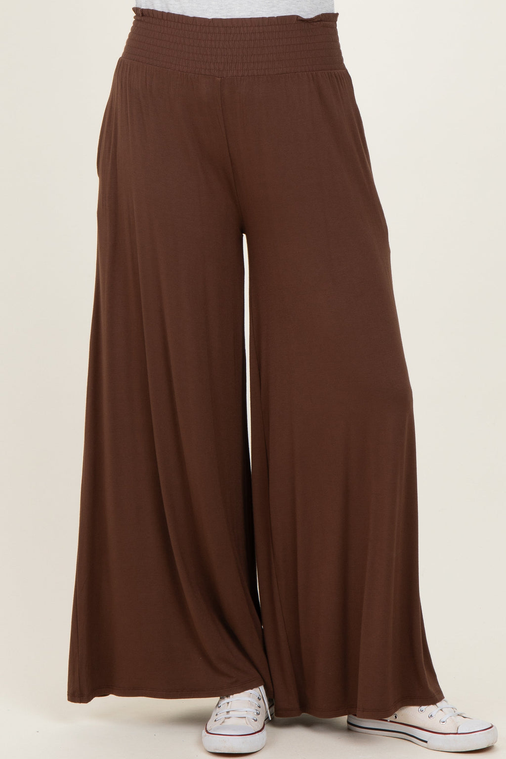 Brown Smocked Waist Wide Leg Pants