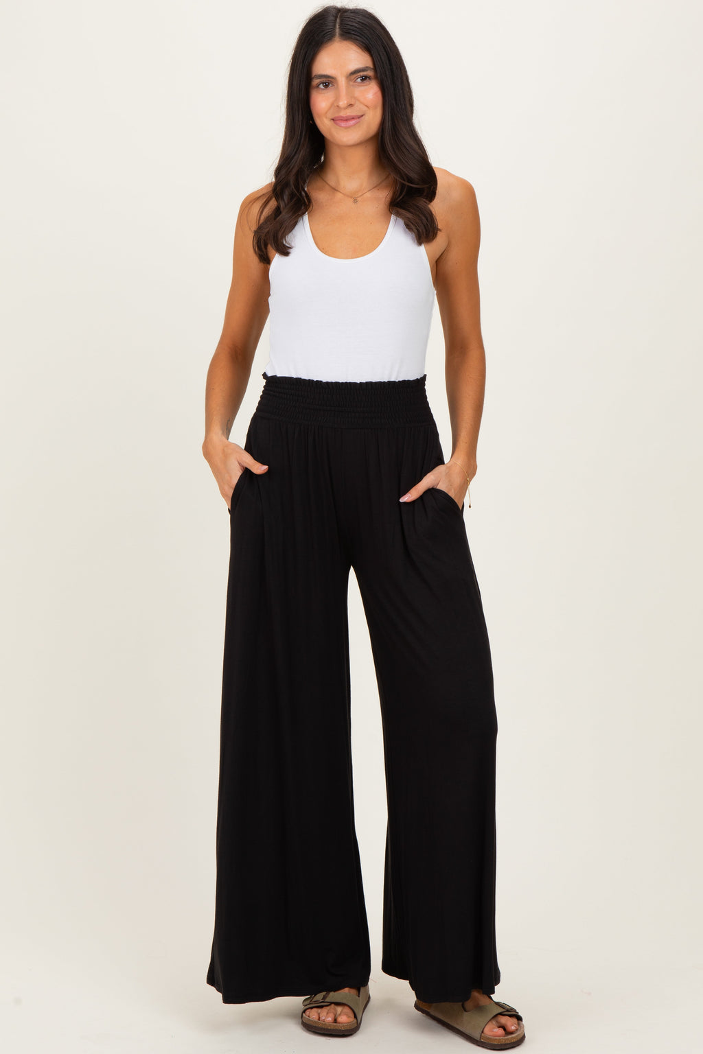 Black Smocked Waist Wide Leg Pants