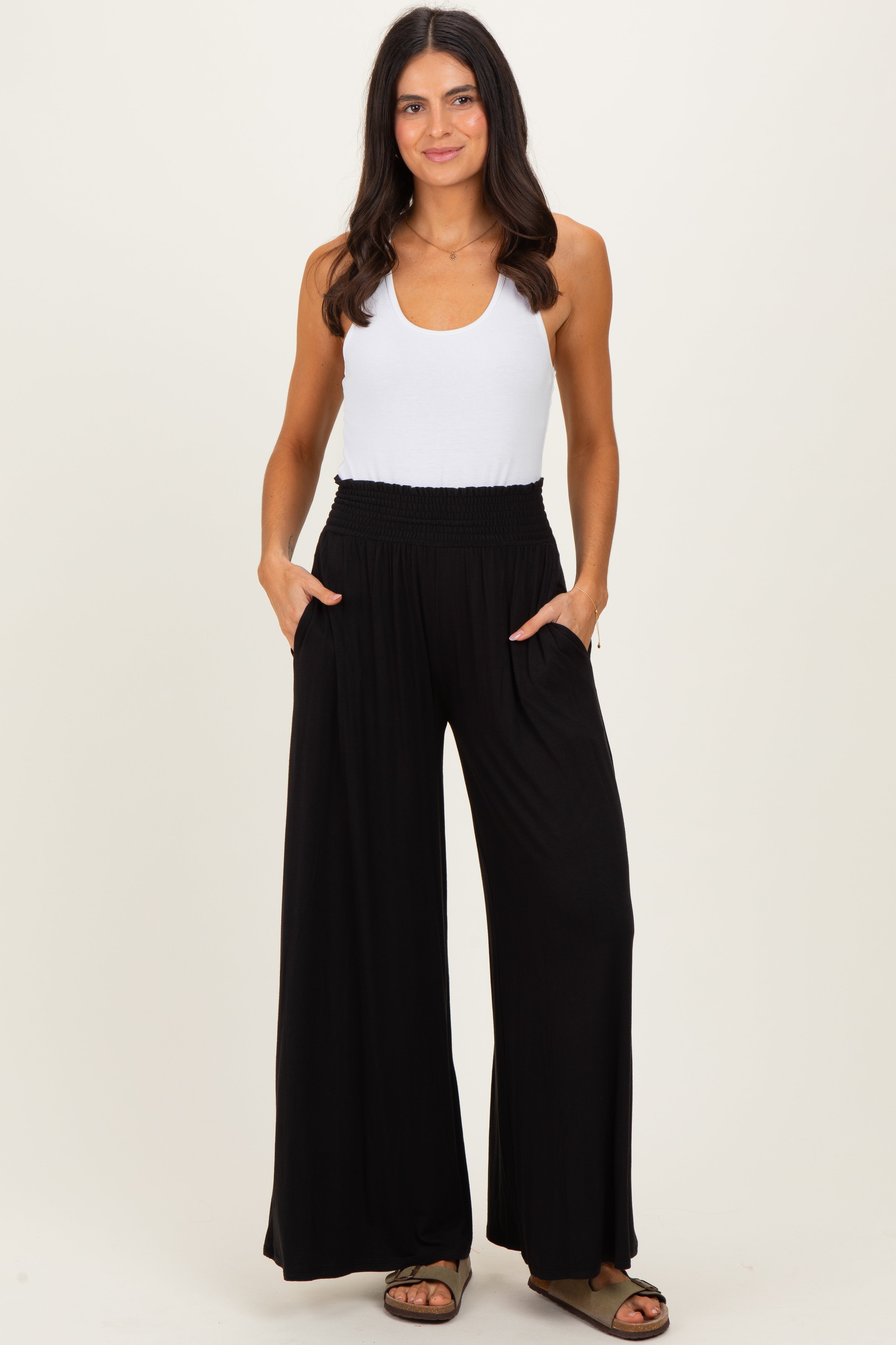 Black Smocked Waist Wide Leg Pants