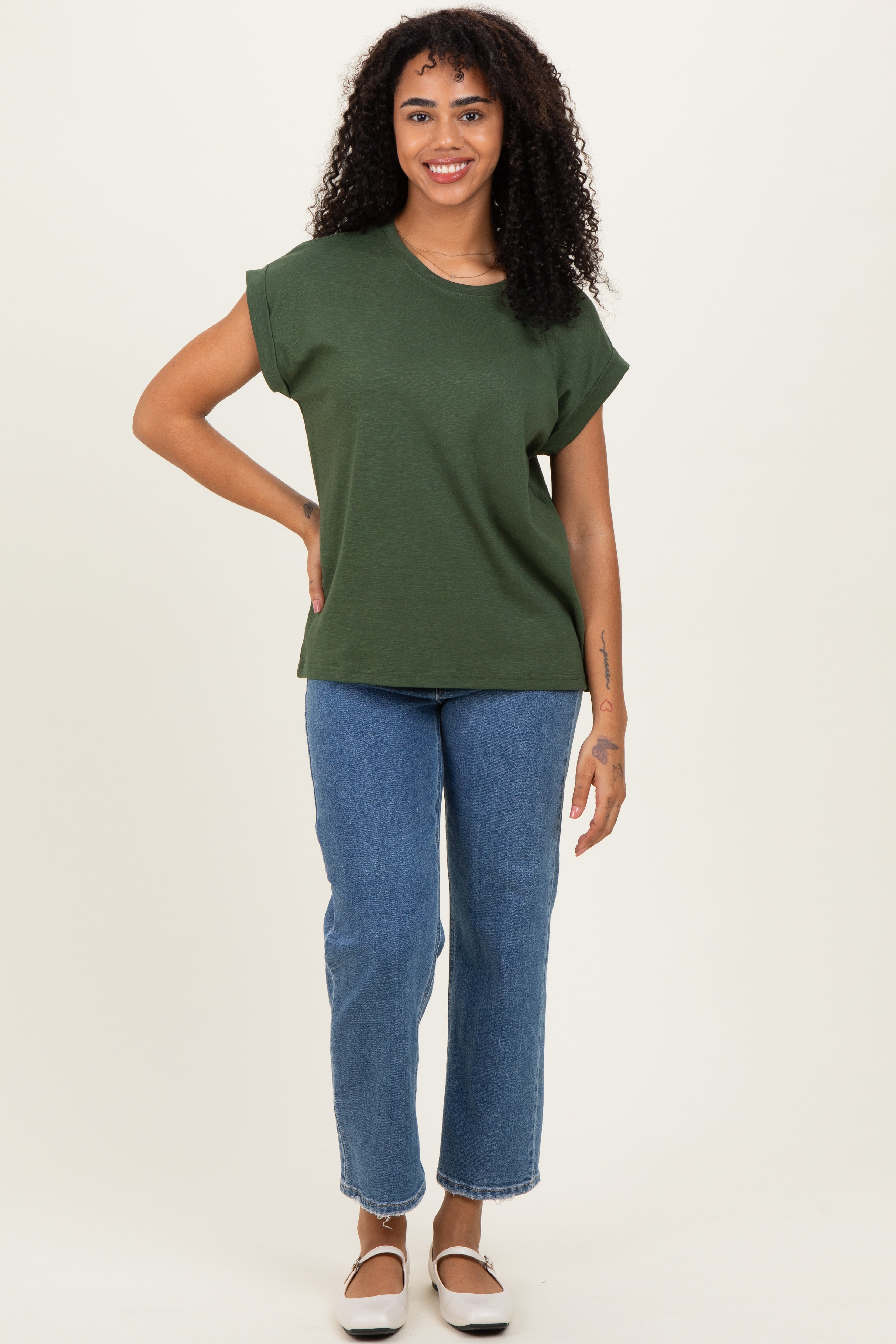 Army Green Rolled Short Sleeve Tee