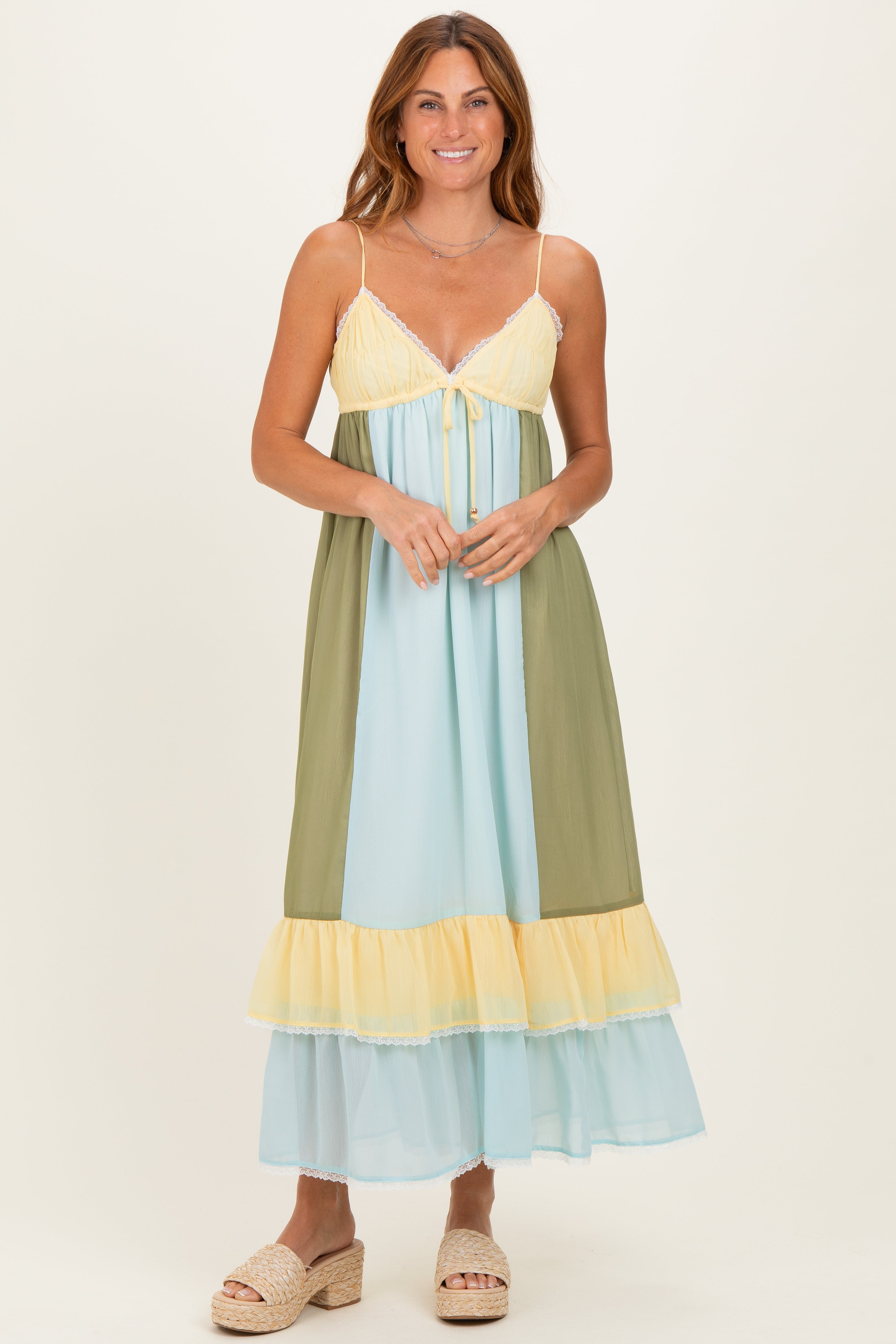 Light Blue Colorblock Tiered Ruffle Maxi Dress