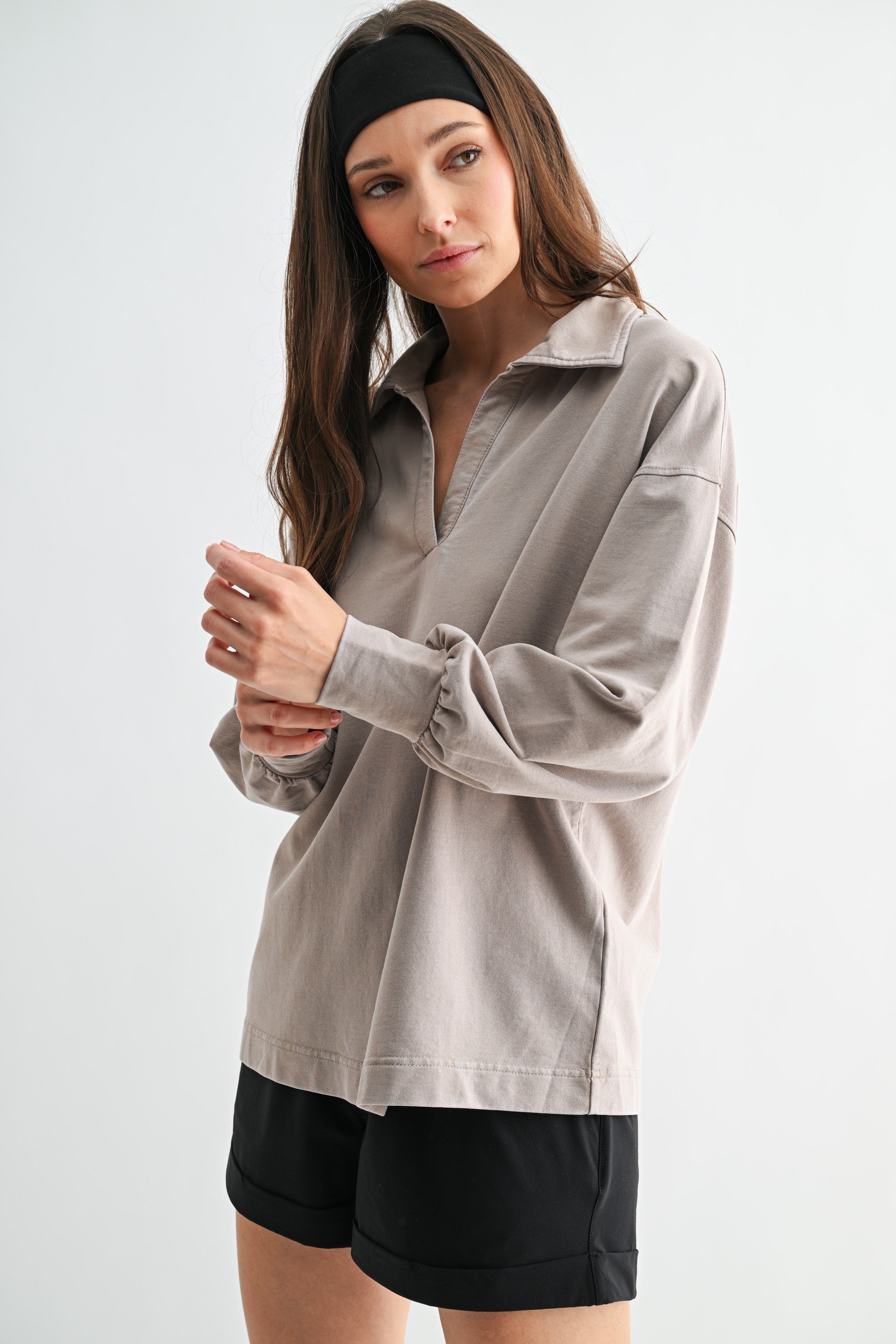 Taupe Sunfade Cotton Collared Long Sleeve Top