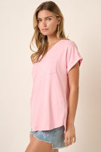 Light Pink V-Neck Pocket Short Sleeve Shirt