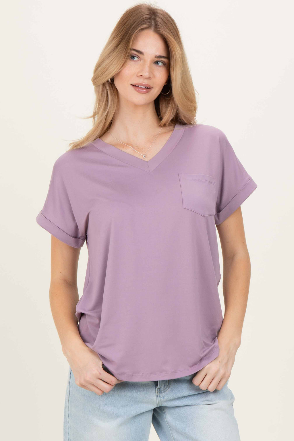Lavender V-Neck Pocket Short Sleeve Shirt