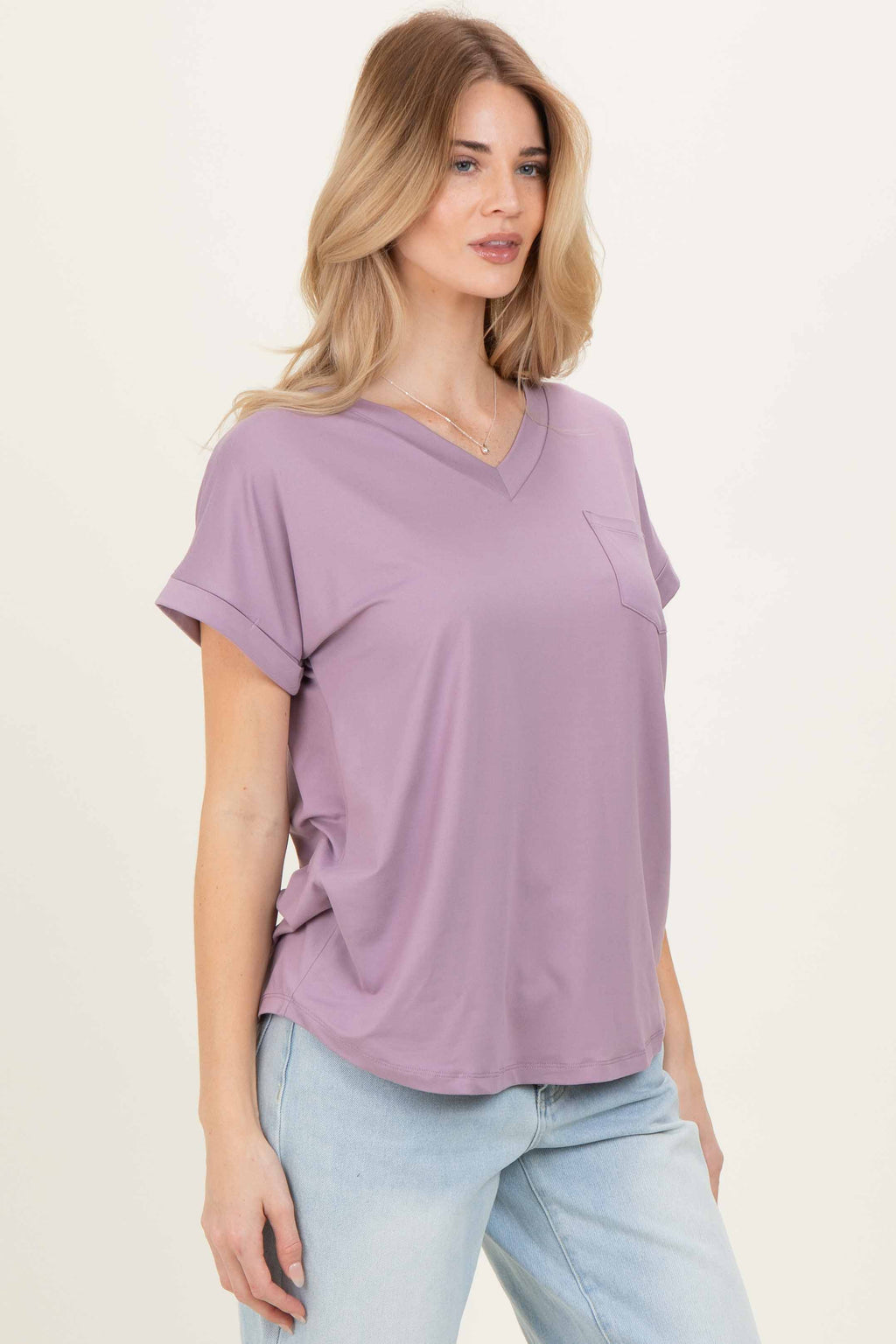 Lavender V-Neck Pocket Short Sleeve Shirt