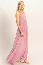 Pink Halter Neck Smocked Maxi Dress