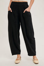 Black Linen Blend Barrel Leg Pants