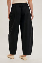 Black Linen Blend Barrel Leg Pants
