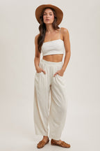 Oatmeal Linen Blend Barrel Leg Pants