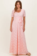 Light Pink Lace Sash Tie Gown