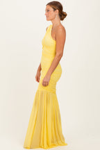 Lemon Ruched Mesh One Shoulder Maxi Dress
