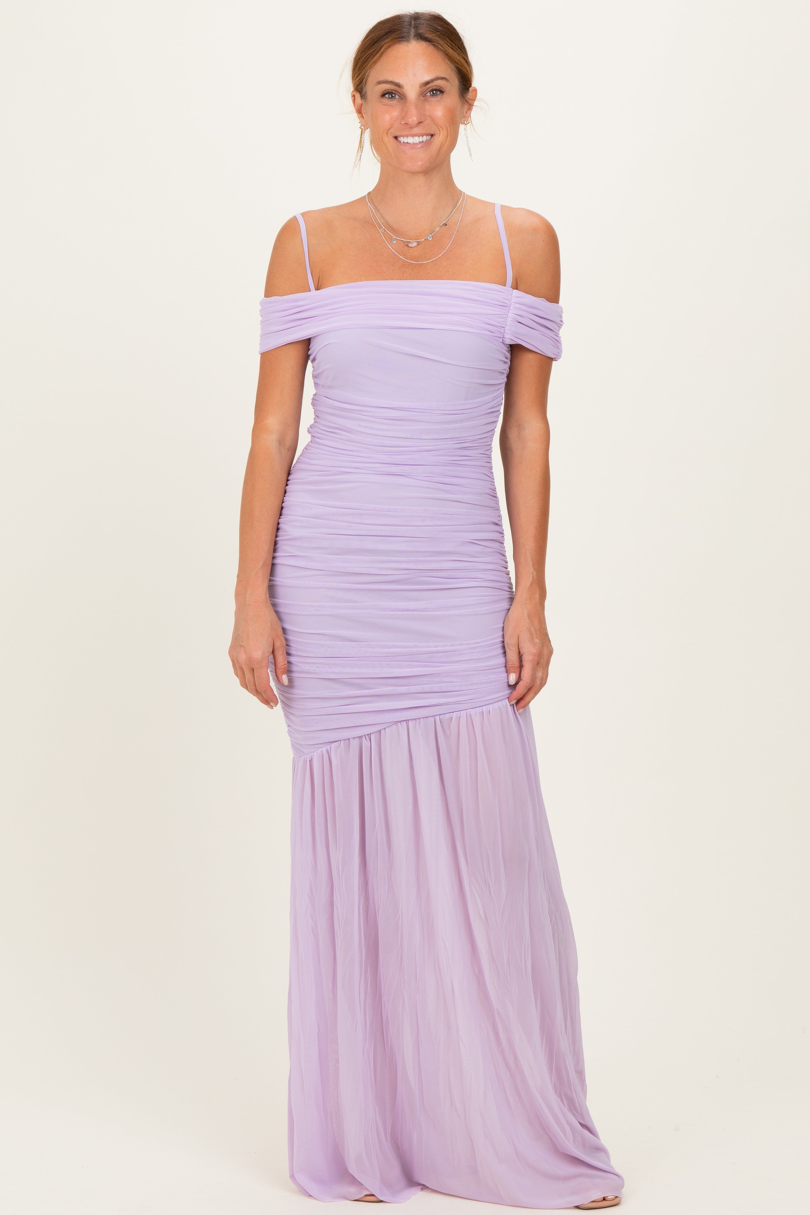 Lavender Ruched Mesh Off Shoulder Maxi Dress