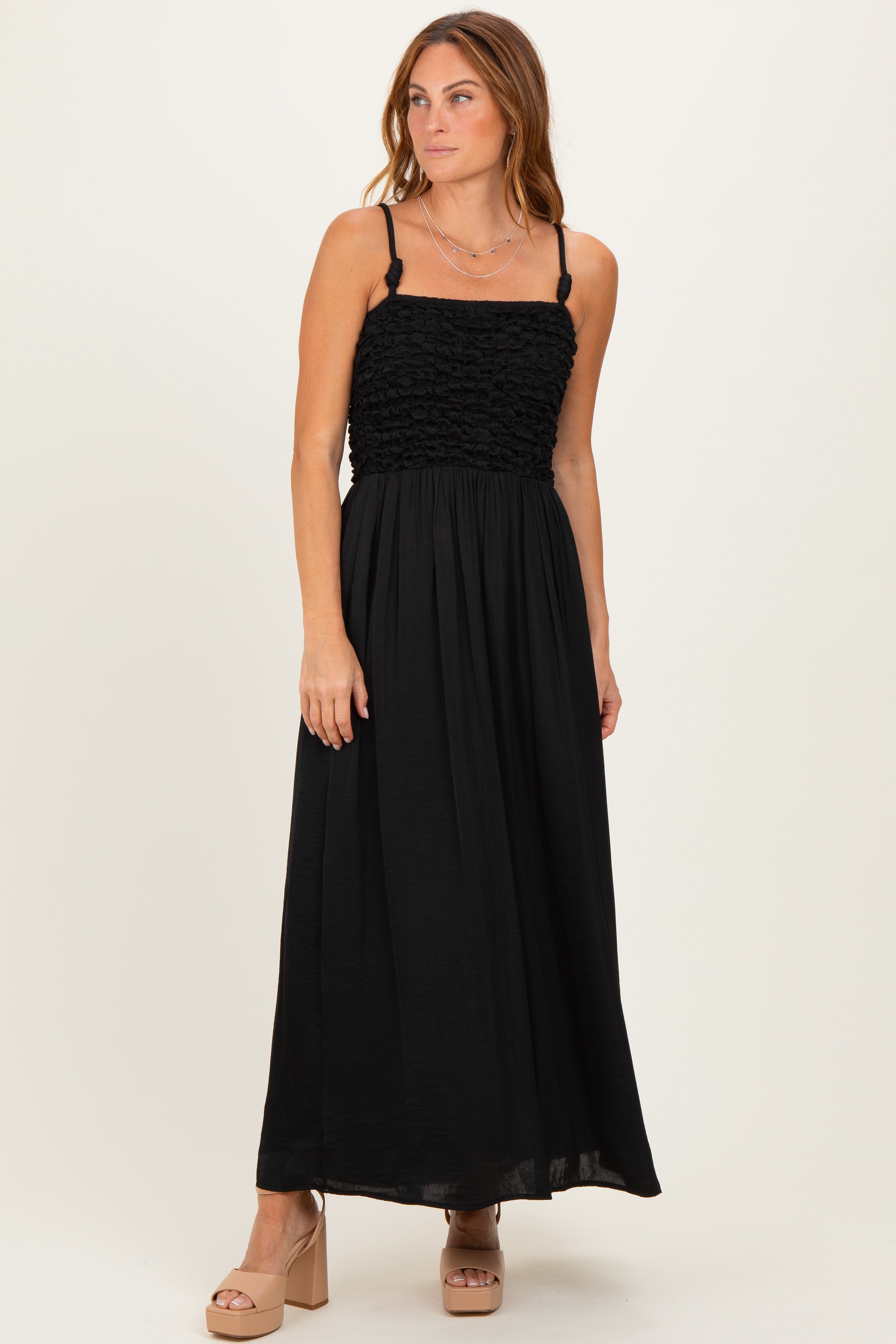 Black Textured Smocked Maxi Dress