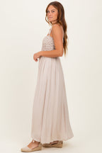 Beige Textured Smocked Maxi Dress