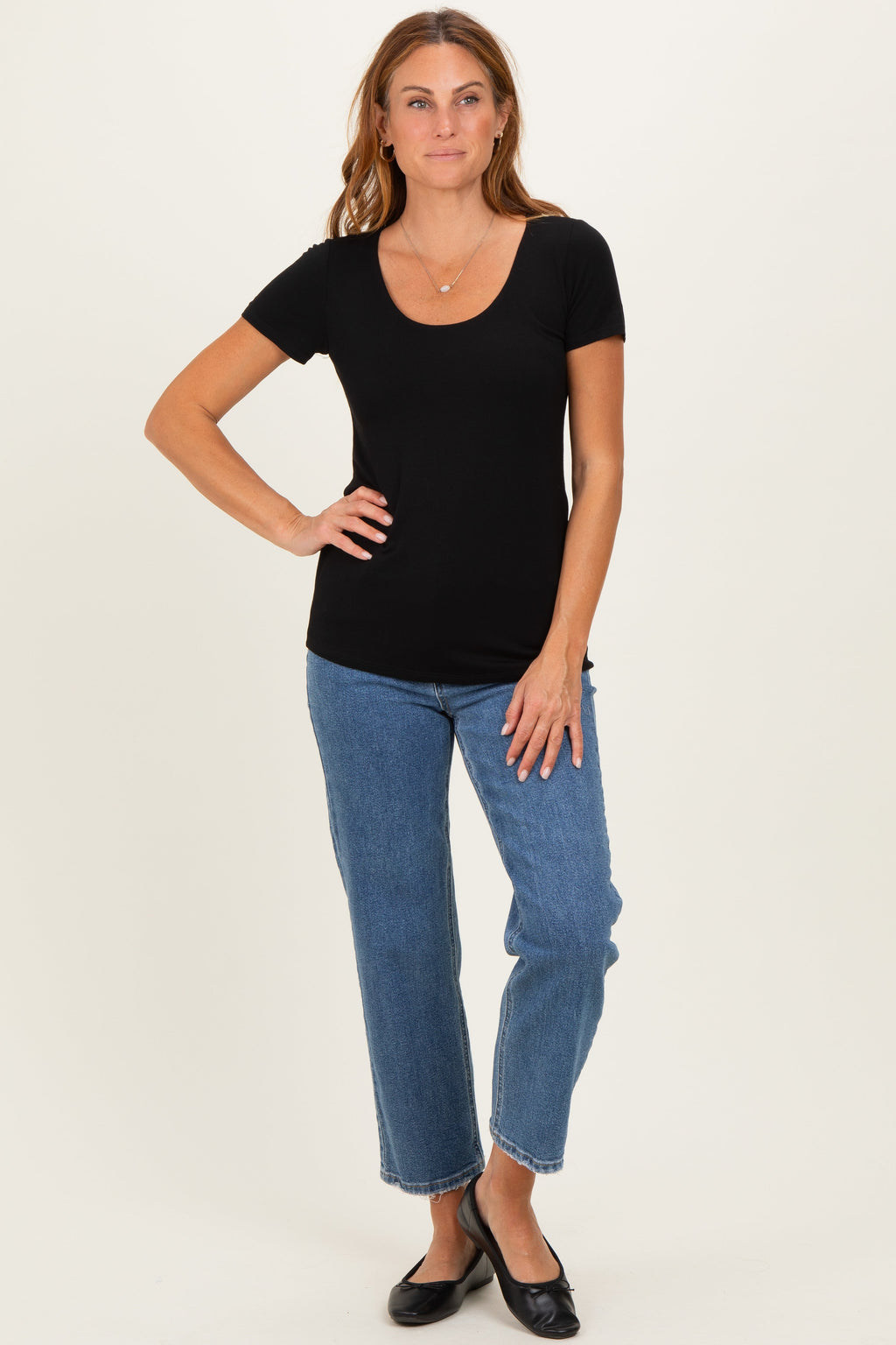 Black Short Sleeve Scoop Neck Knit T-Shirt