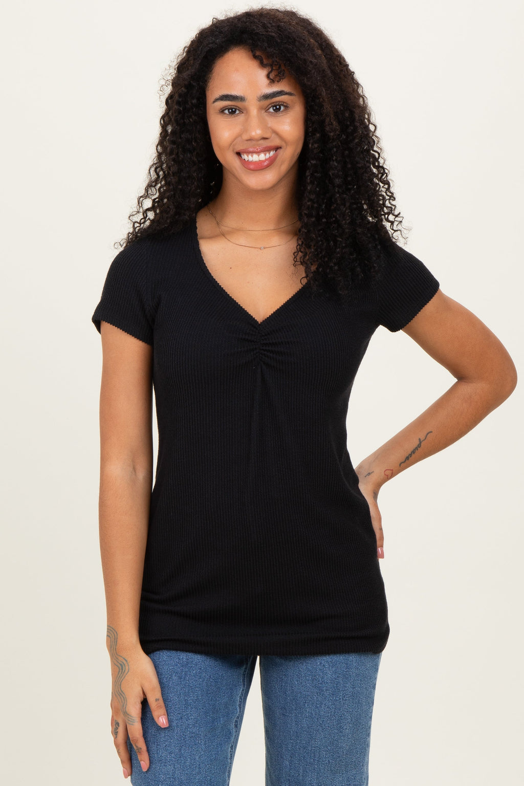 Black Ribbed Sweetheart-Neckline Top