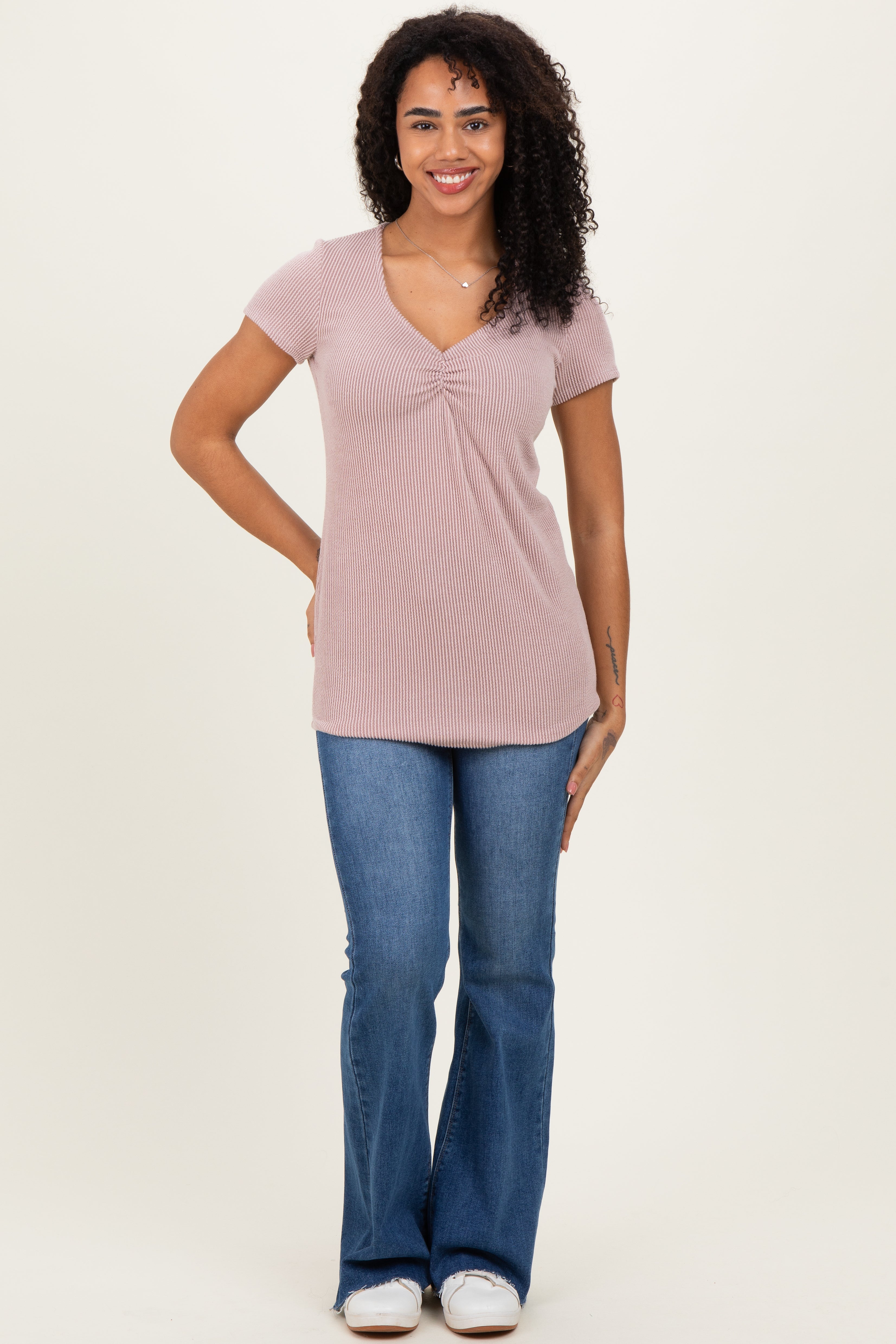 Taupe Ribbed Sweetheart-Neckline Top