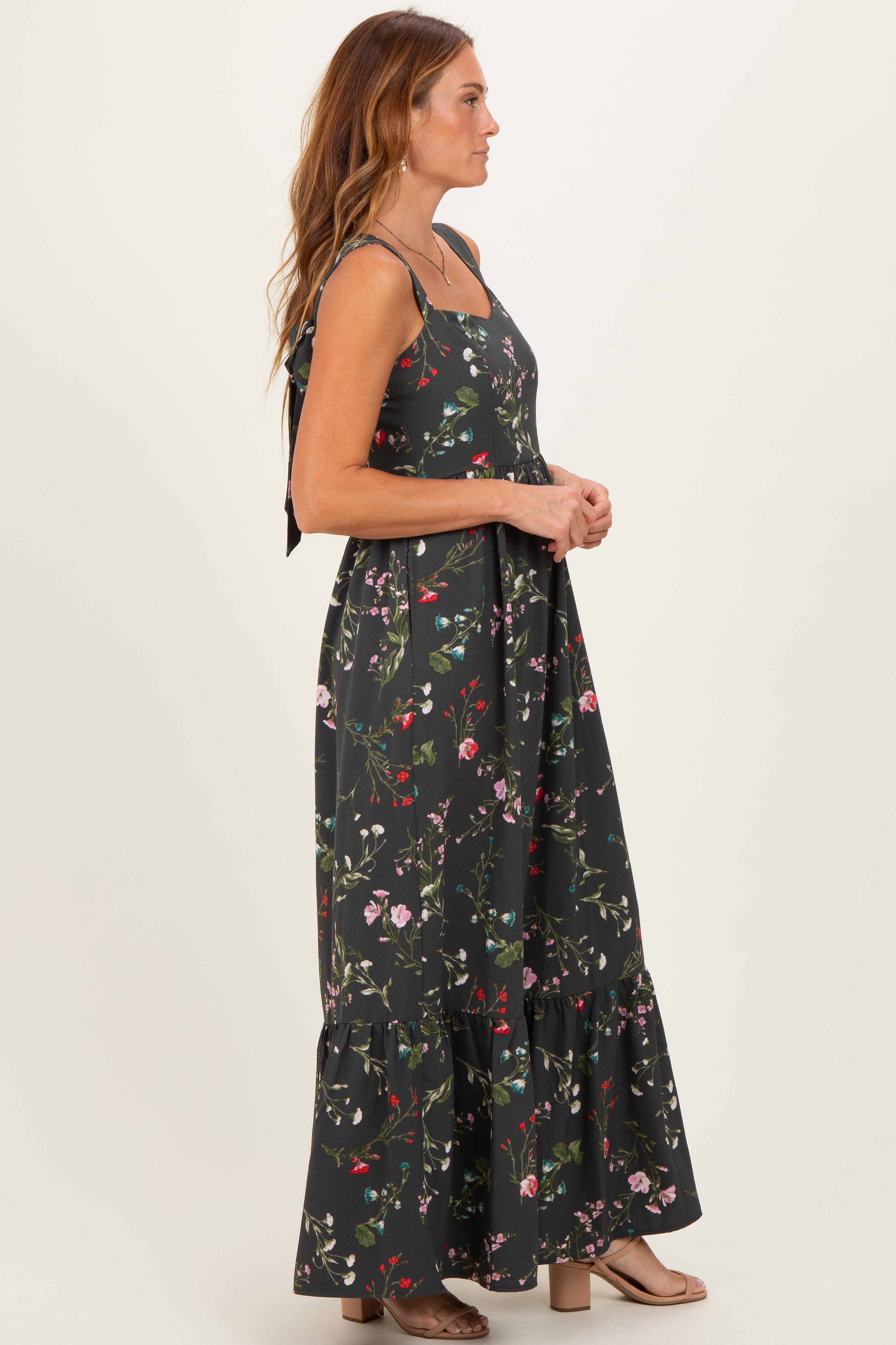 Forest Green Floral Bow Strap Maxi Dress