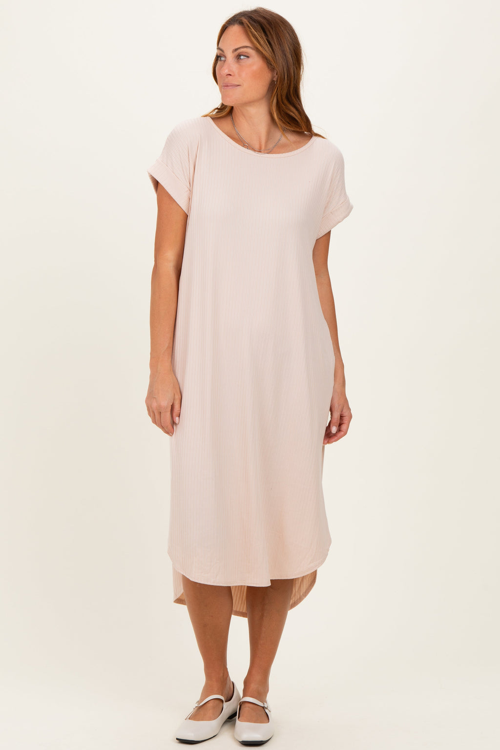 Beige Ribbed Curved Hem Midi Dress