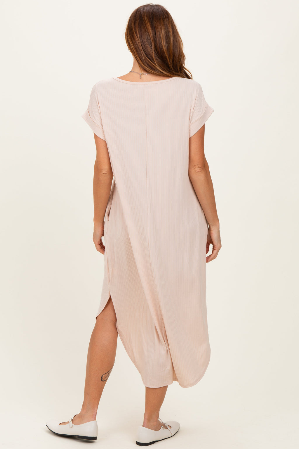 Beige Ribbed Curved Hem Midi Dress