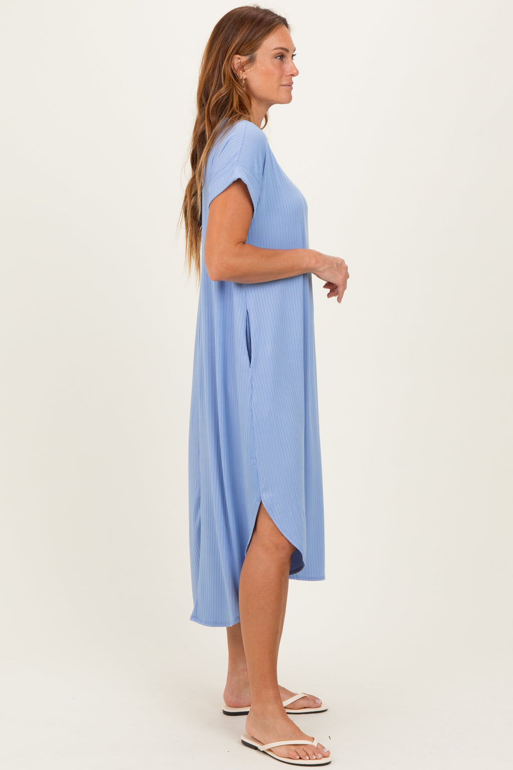 Blue Ribbed Curved Hem Midi Dress