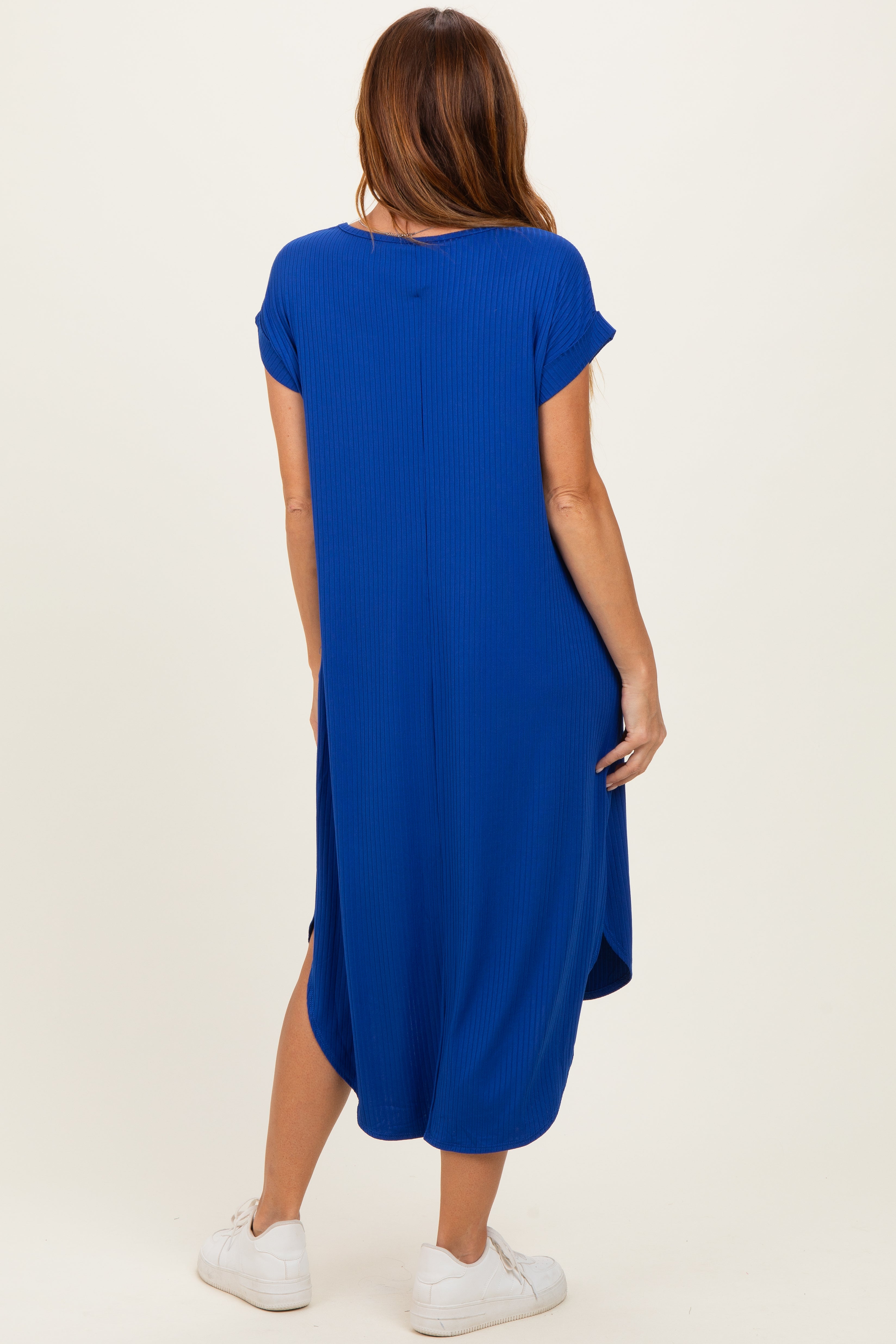 Royal Ribbed Curved Hem Midi Dress