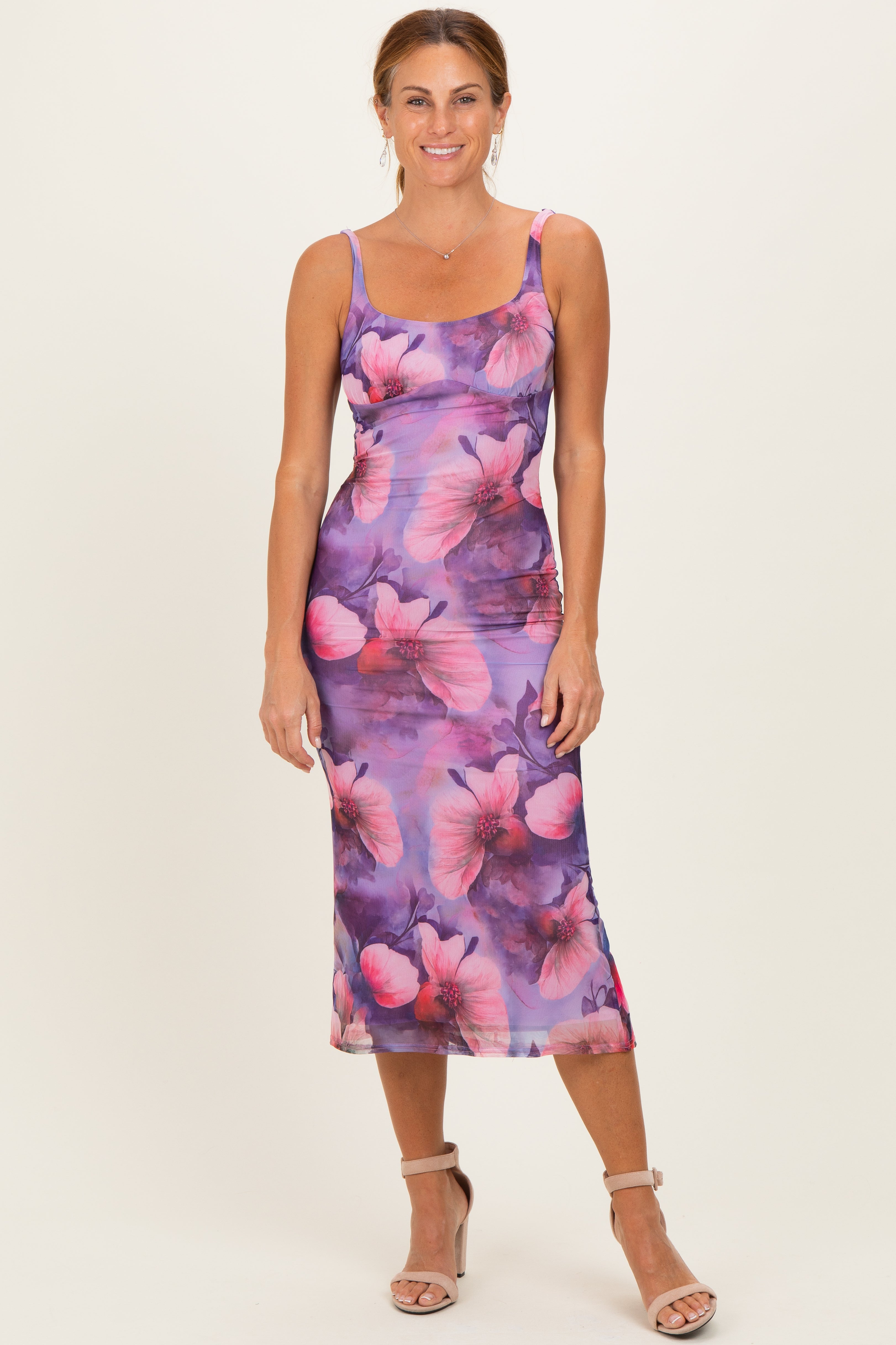 Lavender Mesh Floral Sleeveless Midi Dress