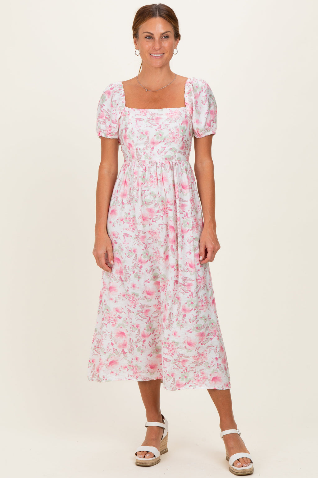 Pink Floral Crisscross Back Midi Dress