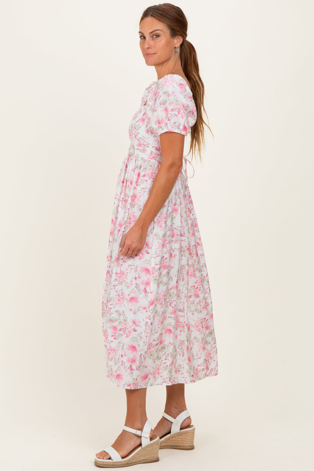 Pink Floral Crisscross Back Midi Dress
