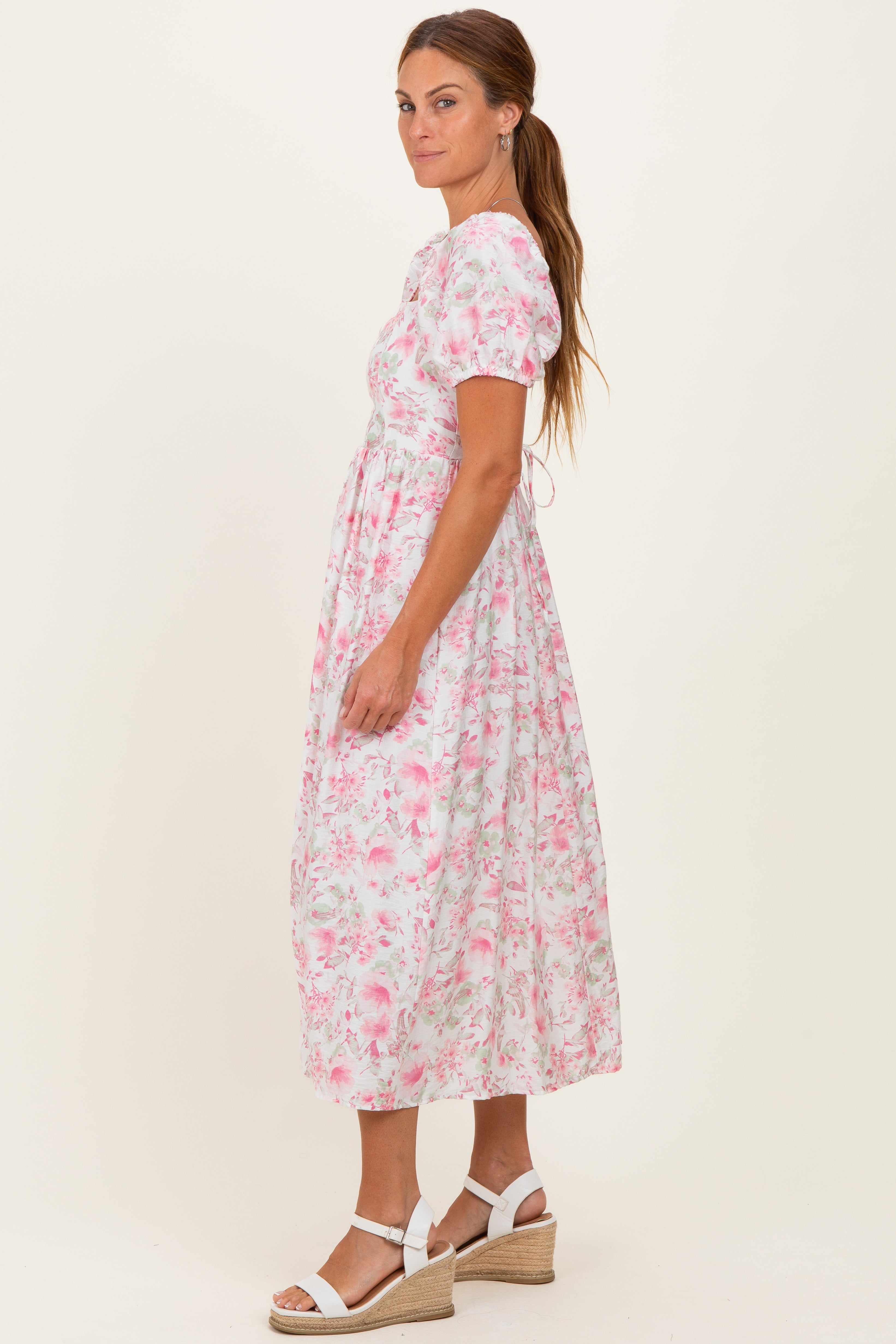 Pink Floral Crisscross Back Midi Dress