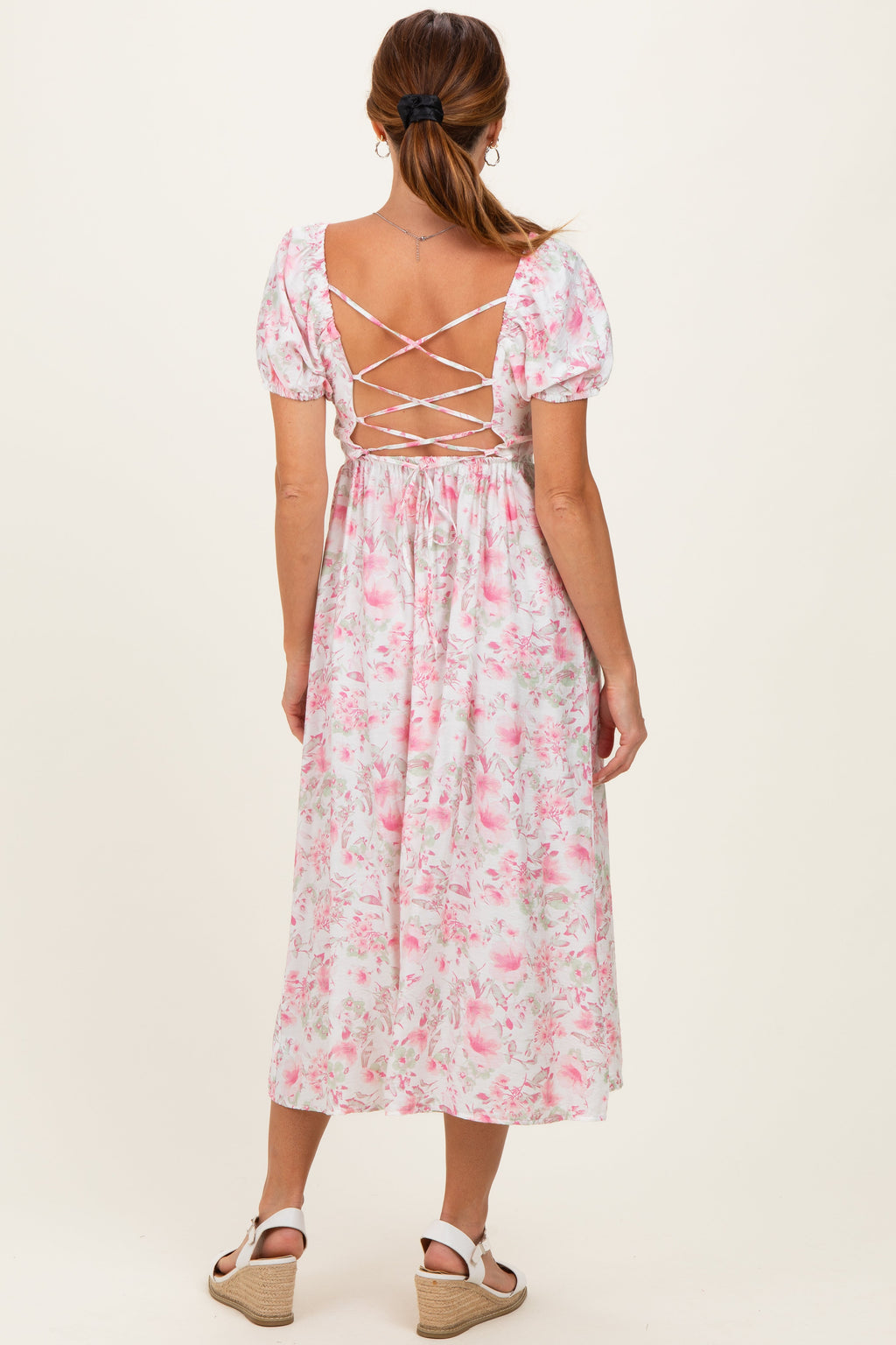 Pink Floral Crisscross Back Midi Dress