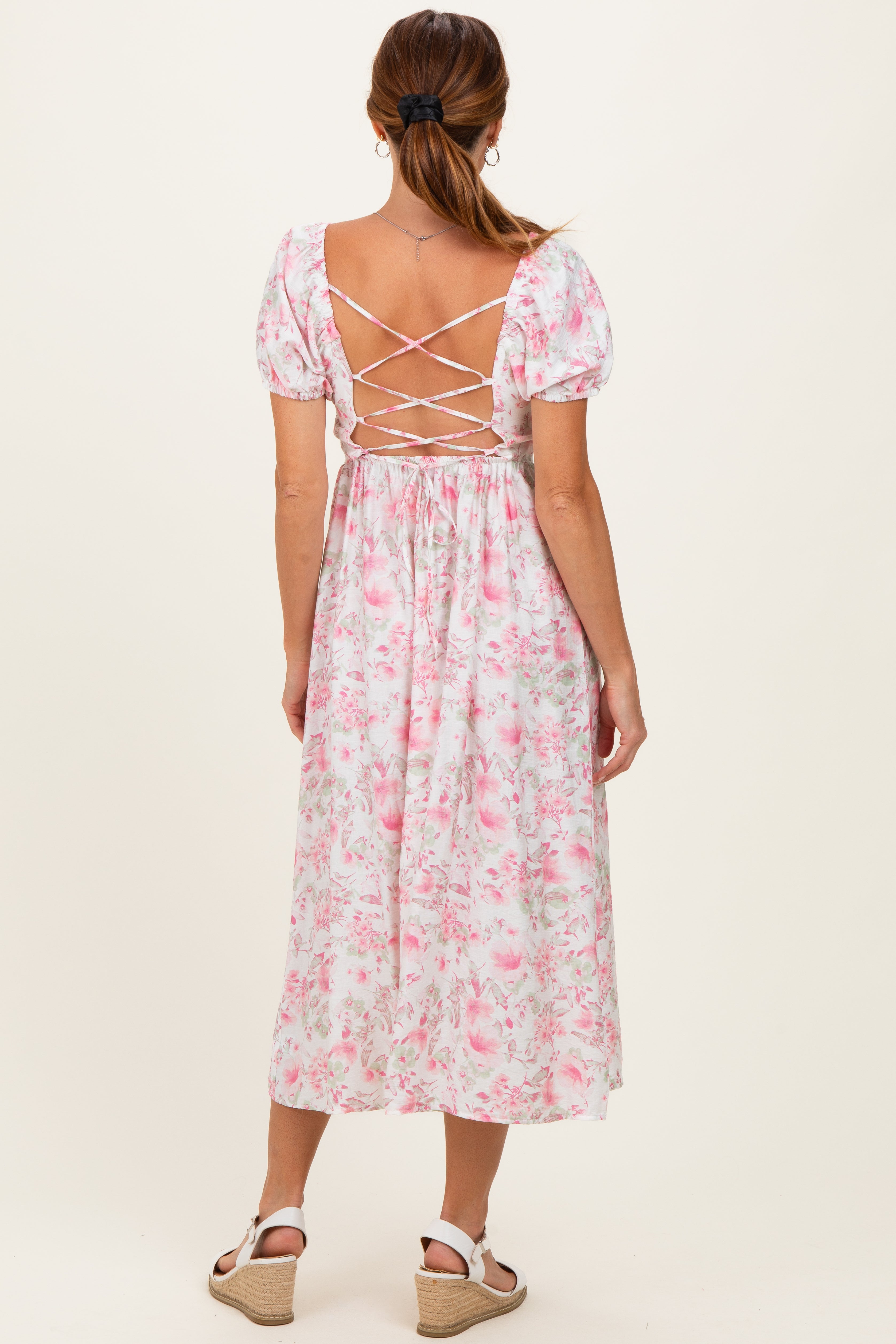 Pink Floral Crisscross Back Midi Dress