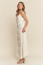 Ivory Textured Tiered Lace Trim Maxi Dress