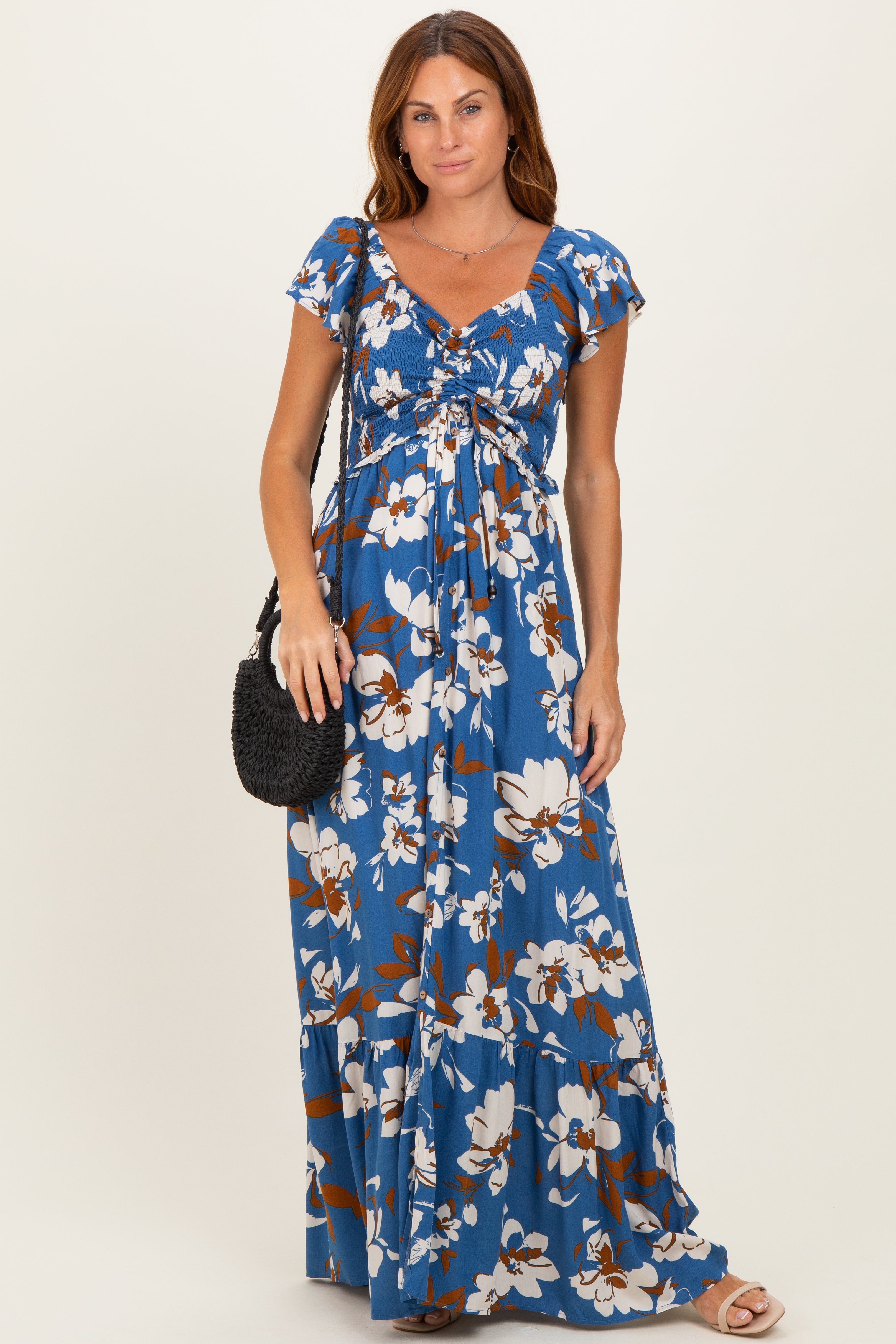 Blue Floral Cinched Smocked Maxi Dress
