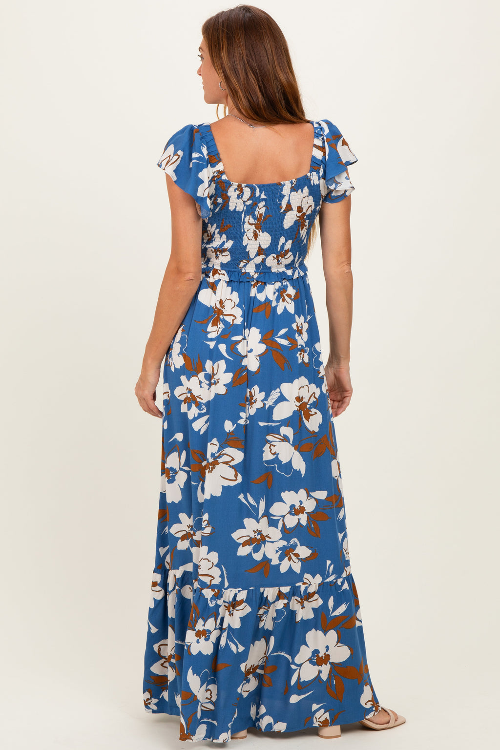 Blue Floral Cinched Smocked Maxi Dress