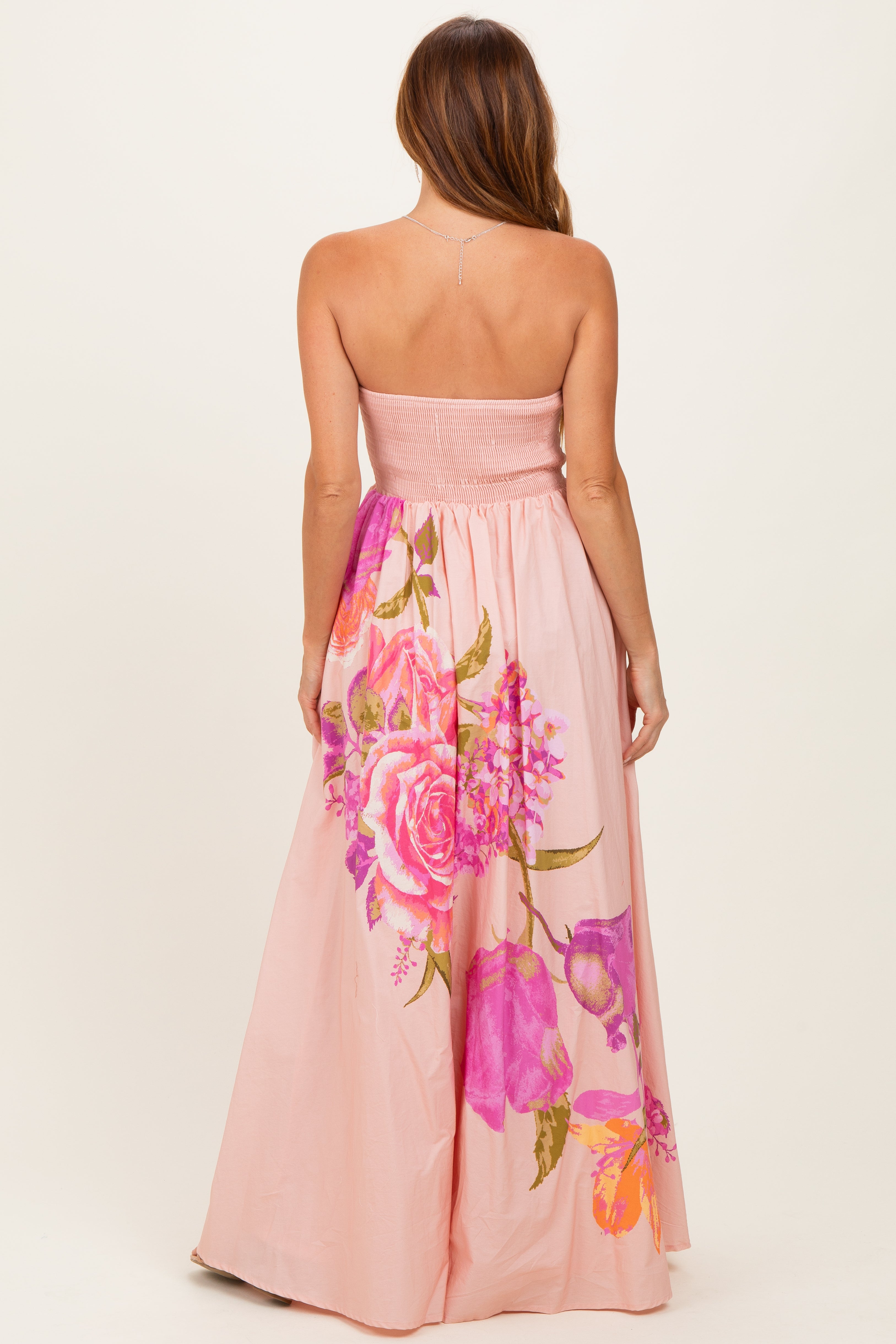 Light Pink Floral Strapless Maxi Dress