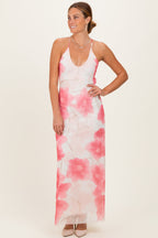 Pink Floral Crisscross Back Maxi Dress