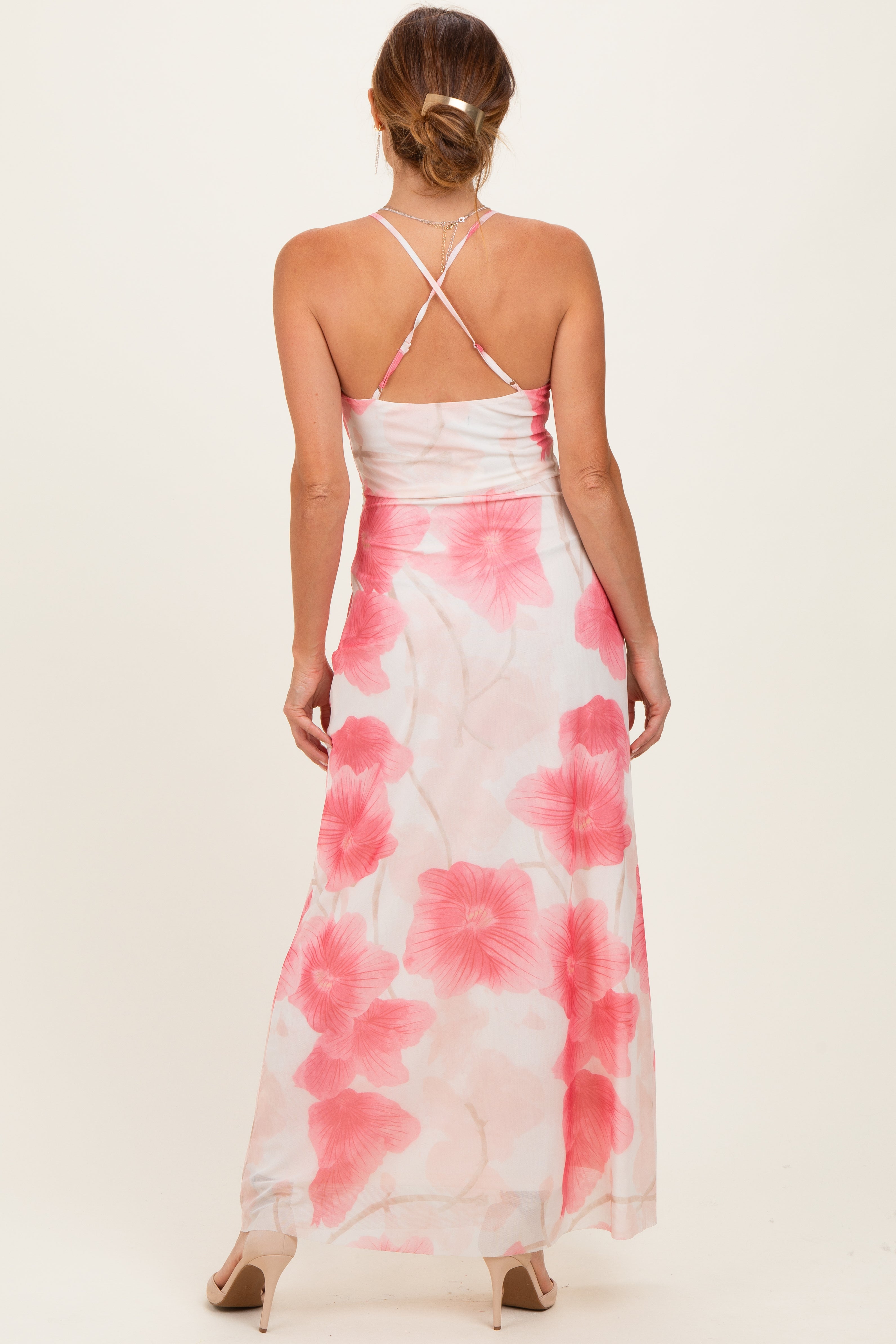 Pink Floral Crisscross Back Maxi Dress