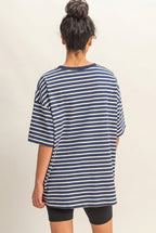 Navy Striped Short Sleeve Crew Neck Oversized Cotton Top